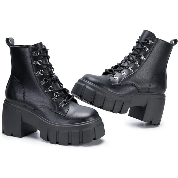 ⚡Women’s Black Combat Lightweight Side Zipper Ankle High Heel Chunky  Boots - Picture 1 of 6